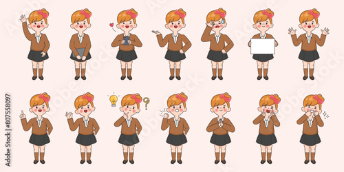 Set of hand drawn student girl with various facial expressions character pose.