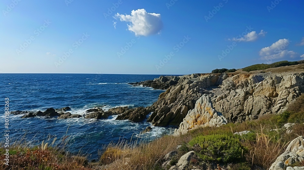 Tranquil Horizon: Mediterranean Rocky Coast in Perfect Conditions Tranquil Horizon: Mediterranean Rocky Coast in Perfect Conditions