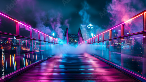 A bridge with a city skyline in the background. The bridge is illuminated with neon lights and the city is lit up with lights photo