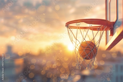 A basketball is flying towards the hoop with a blurred city background in the sunset light.