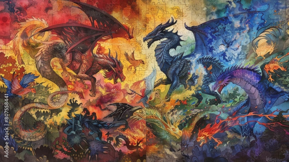 mythical mosaics on a wall featuring a dragon, a blue and black animal, and a black animal