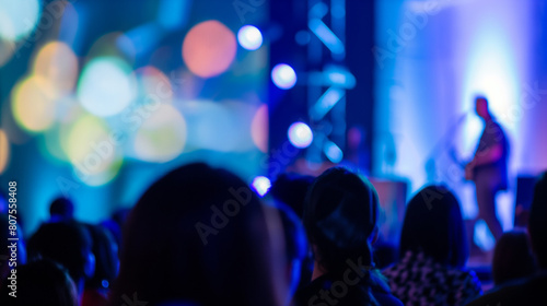 Christian concert worship, Audience silhouette and praise service band under blue bokeh stage lights