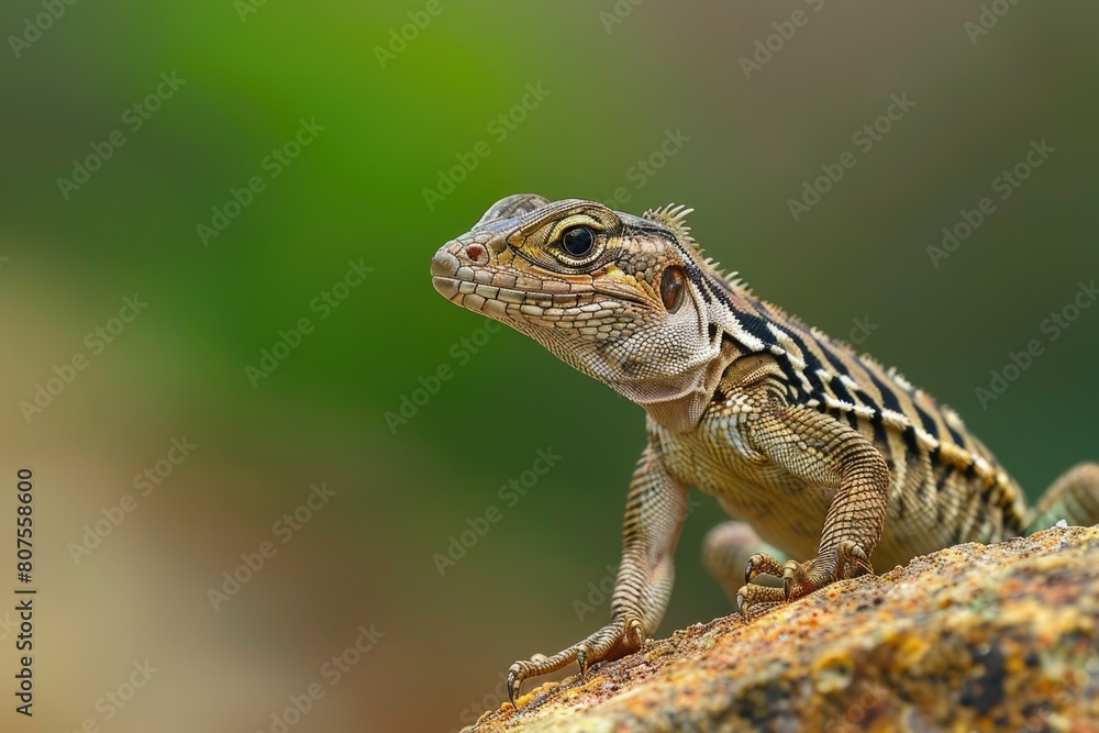Green Asian Grass Lizard with Stripes and Long Tail Perching on Rock in Nature, Macro Shot Green Asian Grass Lizard with Stripes and Long Tail Perching on Rock in Nature, Macro Shot