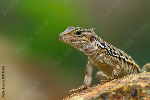 Green Asian Grass Lizard with Stripes and Long Tail Perching on Rock in Nature, Macro Shot