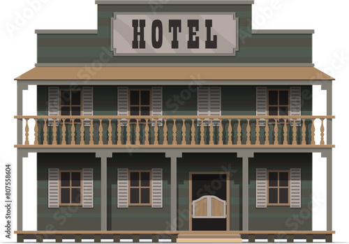 Western hotel building, wild west facade. Isolated vector rustic, wooden motel exterior structure with large porch, swinging saloon doors and a prominent signboard, adorned with vintage typography