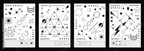 Monochrome brutal y2k posters with abstract surreal geometric shapes. Vector vertical black and white cards or backgrounds in retro modern futuristic style. Minimalist templates with brutalism figures
