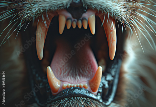 Close up of the teeth and tongue of an aggressive cat, teeth showing, mouth open wide, cat fangs photo