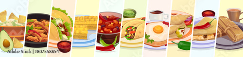 Mexican cuisine food collage. Tex mex food, drinks and dessert. Vector taco, burrito, corn and chili beans with avocado guacamole and salsa sauce, fajitas, tamale nachos, enchilada and hot chocolate