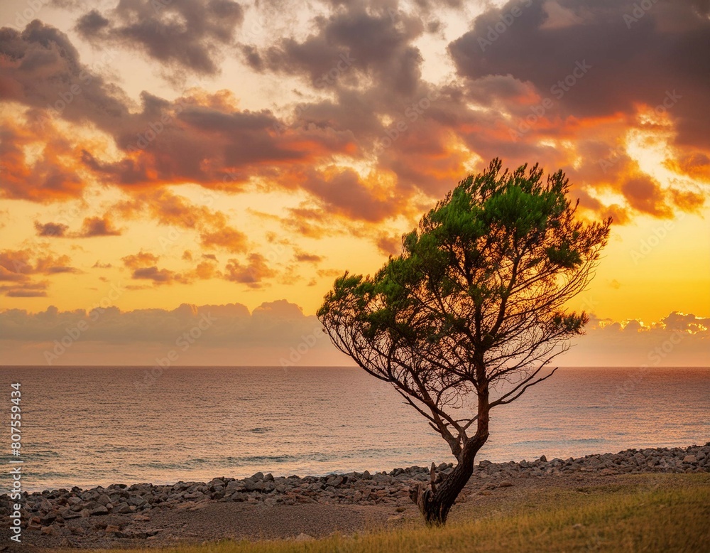 Summer seascape with a lonely tree on the sea shore under an orange cloudy sky; beautiful nature scene; colorful sunset