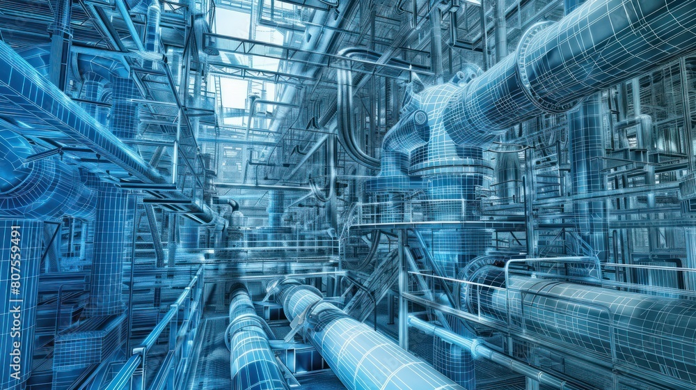 An intricate blueprint-style rendering of a power plant's intricate network of pipes, wires, and machinery, showcasing its engineering complexity. An intricate blueprint-style rendering of a power plant's intricate network of pipes, wires, and machinery, showcasing its engineering complexity.