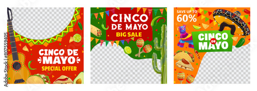 Big sale banners, cinco de mayo mexican holiday special offer templates for social media post. Vector square frames, capture the festive spirit, cultural pride and joy of Mexico with traditional items