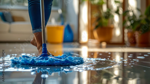 A mop-wielding cleaner conquers hard floors, banishing dirt and leaving behind a gleaming, photo