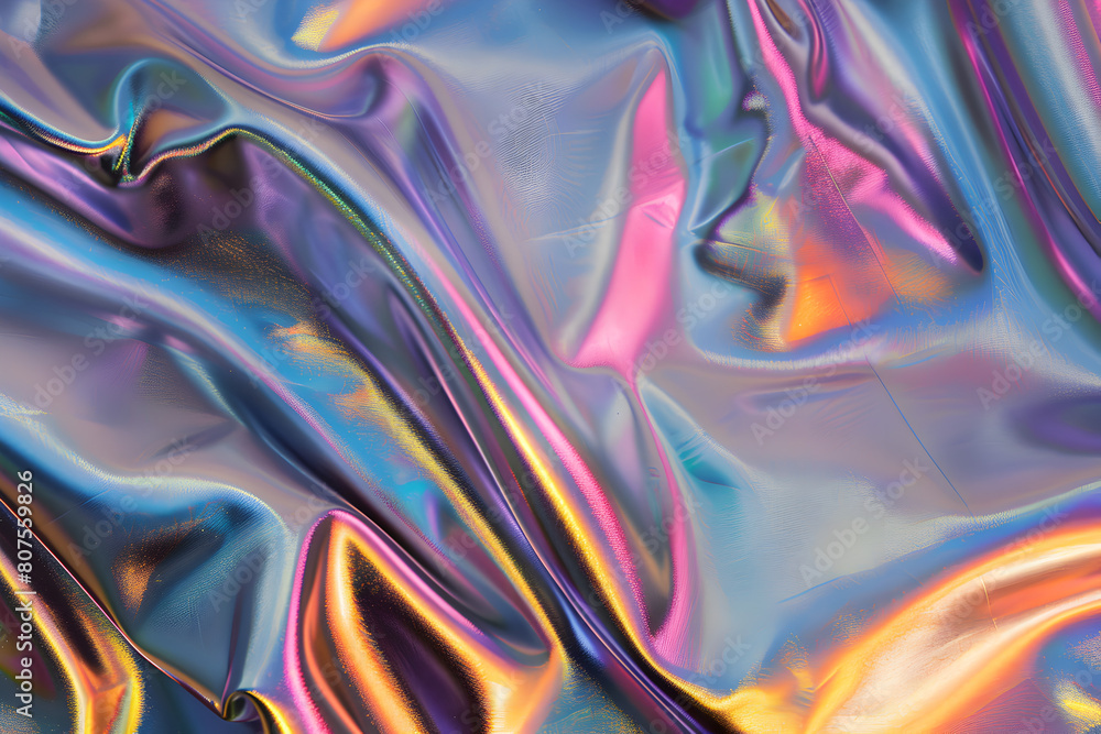Fototapeta premium A piece of fabric with a rainbow pattern. The colors are bright and vibrant, creating a sense of energy and excitement. The fabric appears to be made of a shiny, reflective material