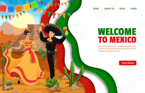 Mexico travel landing page with paper cut design with Mexican flag, vector template. Welcome to Mexico landing page with Aztec pyramid and Mariachi musician in sombrero for travel and tourism website