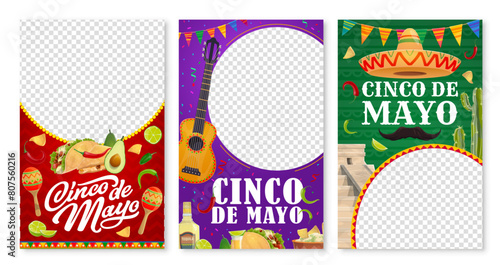 Cinco de mayo banner templates. Vector Mexican holiday social media story frames with sombrero, maracas, guitar and pyramid, tex mex food tacos, jalapeno peppers, tequila, mustaches and flag garland