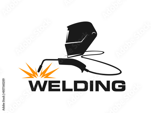 Weld icon of welder mask and tool for steel welding and construction works, vector symbol. Welding sign of welder helmet for metal iron fabrication in engineering, building and metalworking industry