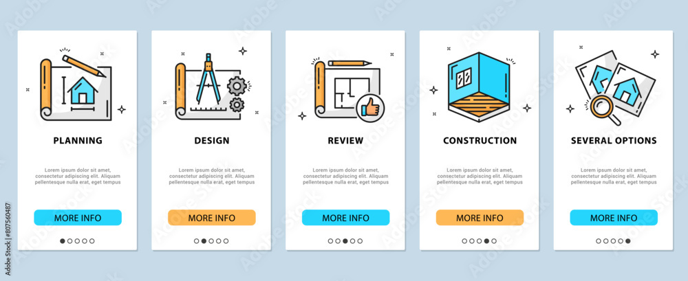 Architect development, renovation and interior icons, mobile app onboarding screens vector templates. Construction and architecture web application UI banners with outline building plan, house project Architect development, renovation and interior icons, mobile app onboarding screens vector templates. Construction and architecture web application UI banners with outline building plan, house project