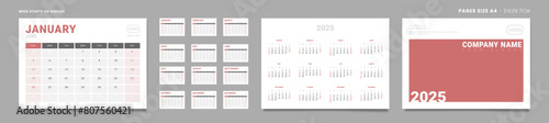 Set of 2025 Pages Monthly Calendar Planner Templates, Cover with Place for Photo, Company Logo, Annual. Vector pages size A4 -21x29.7cm for wall or desk calendar with 2 weekend. Week start Sunday