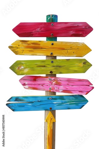 Directional Beach Sign. Bright and Colorful Wooden Beach Signs on a Pole for Advertising photo