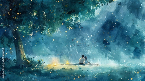 starlit picnic under a large tree with a yellow fish in the foreground