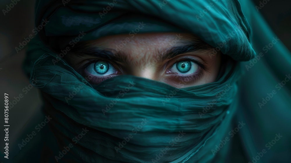 Naklejka premium A beautiful young man wearing an emerald green hijab covering his face, his eyes shining blue and turquoise with long eyelashes.