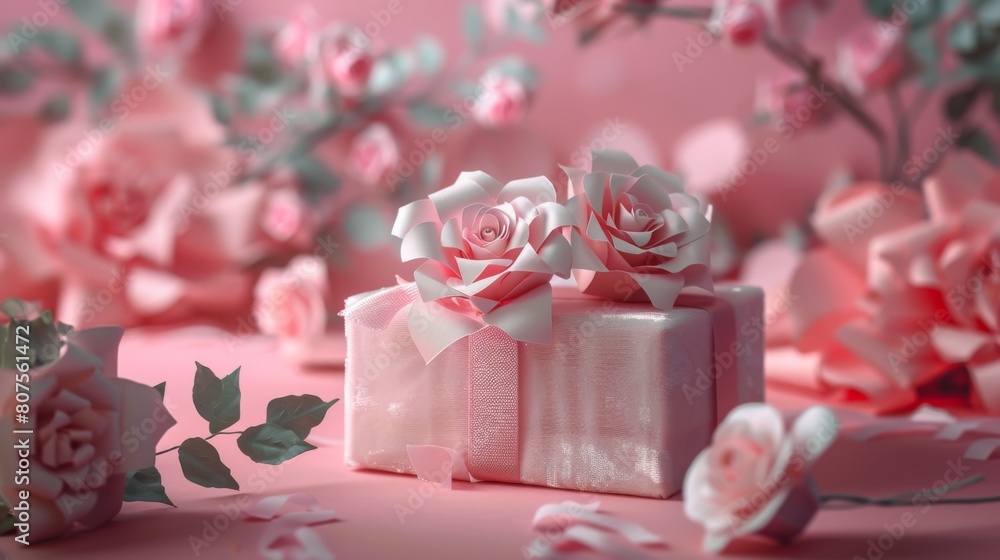A romantic postcard displaying paper roses twirling around a velvet gift box in a blush pink studio setting A romantic postcard displaying paper roses twirling around a velvet gift box in a blush pink studio setting