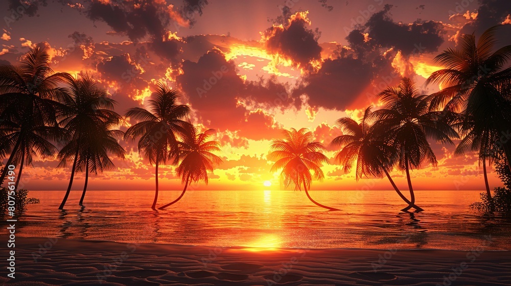 Obraz premium beach sand sunset scene featuring palm trees silhouetted against a sky 