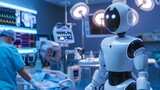 an advanced humanoid robot assisting surgeons in a state-of-the-art operating room