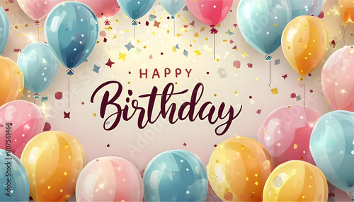 a festive birthday banner background featuring colorful balloons and confetti with a large 'Happy Birthday' text in playful, bold font. Include a pastel color palette with soft pink, blue, and 