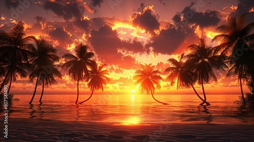 beach sand sunset scene featuring palm trees silhouetted against a sky  © INK ART BACKGROUND