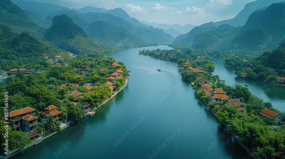The drone shot captures the stunning scenery of Nanyue, where mountains and rivers blend together to form an enchanting landscape. Created with Ai