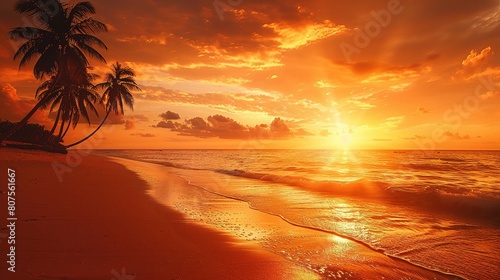 beach sand sunset scene featuring palm trees silhouetted against a sky 