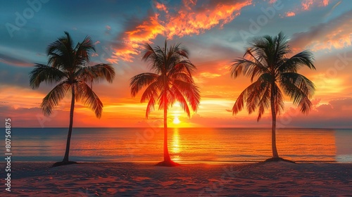 beach sand sunset scene featuring palm trees silhouetted against a sky 