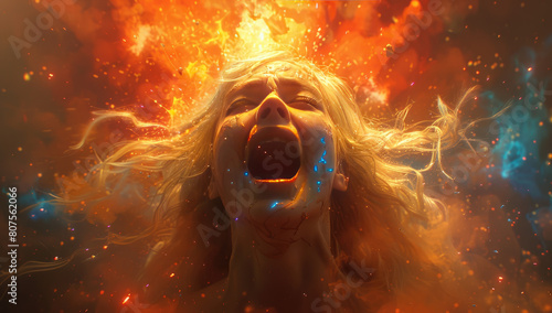 A movie poster of an action scene with Jodie Comer as the fire elf, blonde hair and bright orange eye. Created with Ai photo
