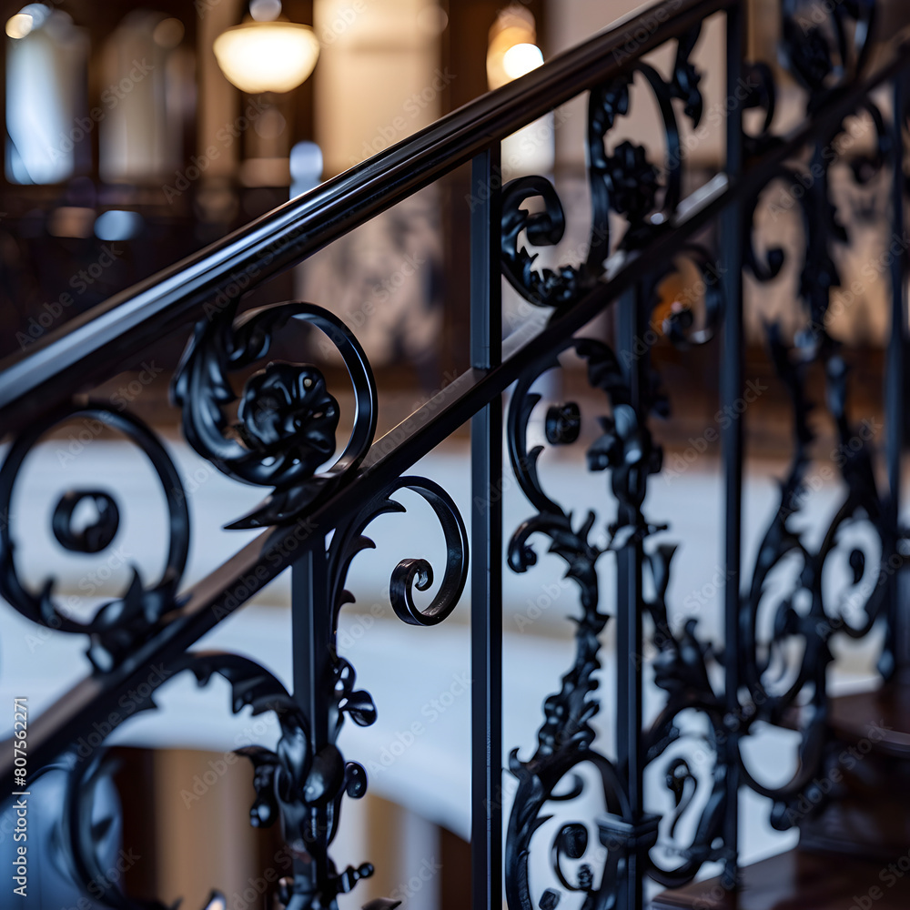 A black wrought iron staircase with a floral design. The staircase is in a building with a white ceiling A black wrought iron staircase with a floral design. The staircase is in a building with a white ceiling