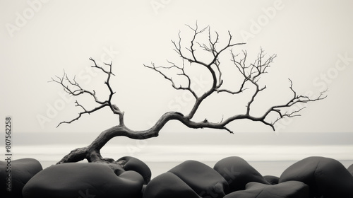 Foto A tree with no leaves is leaning on a rock