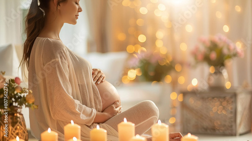 A serene image of an Asian pregnant woman receiving a prenatal massage in a calm, relaxing spa environment with muted colors photo