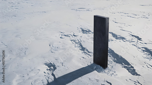 A large black object is standing in the snow. The image has a cold and desolate feel to it