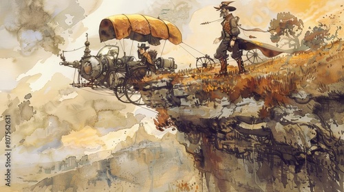 steampunk safari scene featuring a man wearing a black hat and riding a horse, with a yellow barrel in the foreground