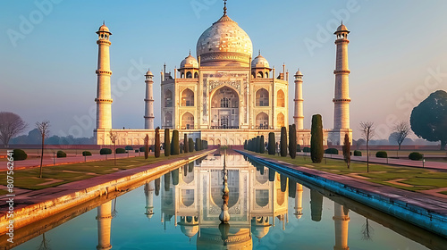 The Taj Mahal at dawn, Agra, India, reflected in the Yamuna River, serene and majestic, symbol of love. Generative AI illustration  photo
