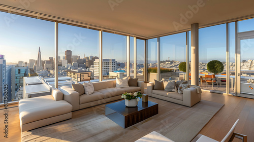 living room luxury penthouse with floor to ceiling windows overlooking to city, modern and minimalist design, light wood floors, a large cream colored sofa, a coffee table, large glass door 
