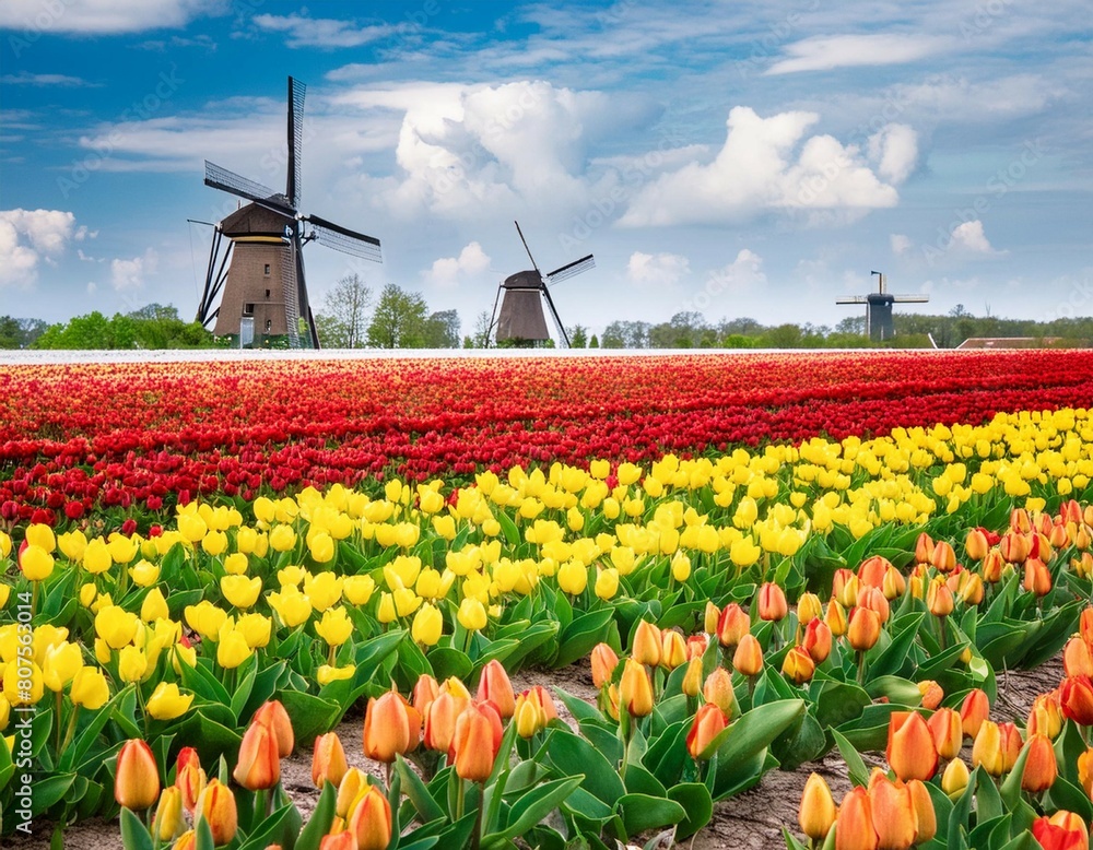 Wonderful nature landscape with fields of colorful tulips and windmills; red, yellow, green tulip field