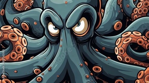A digital painting of an octopus with its eyes rolled up in anger and its tentacles curled in a threatening manner. photo
