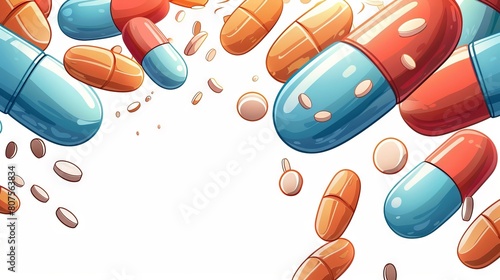 colorful pills, capsules, and tablets. Medicine, pharmacy, drugs, and healthcare concept.