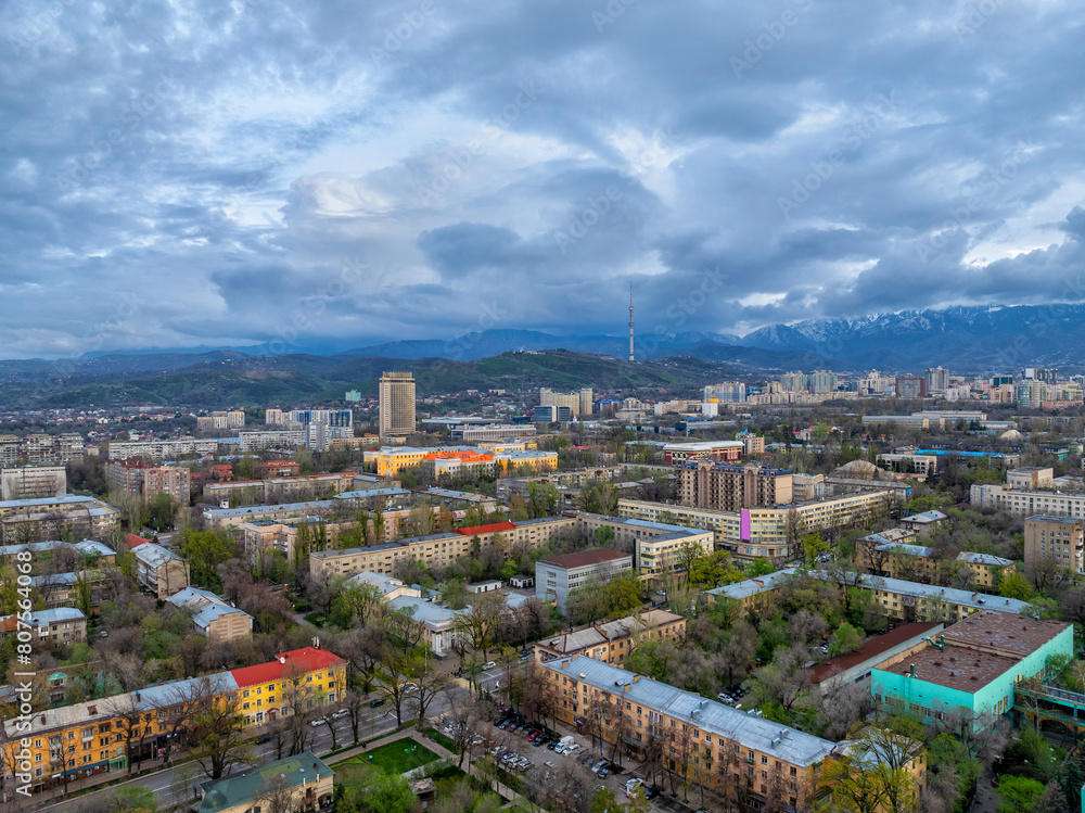 View from a quadcopter of the central part of the Kazakh city of Almaty on a spring evening