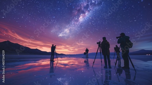 people standing in a vast salt flat under a starry night sky.