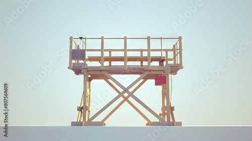 The image shows a yellow metal platform on four legs with guard rails around it.