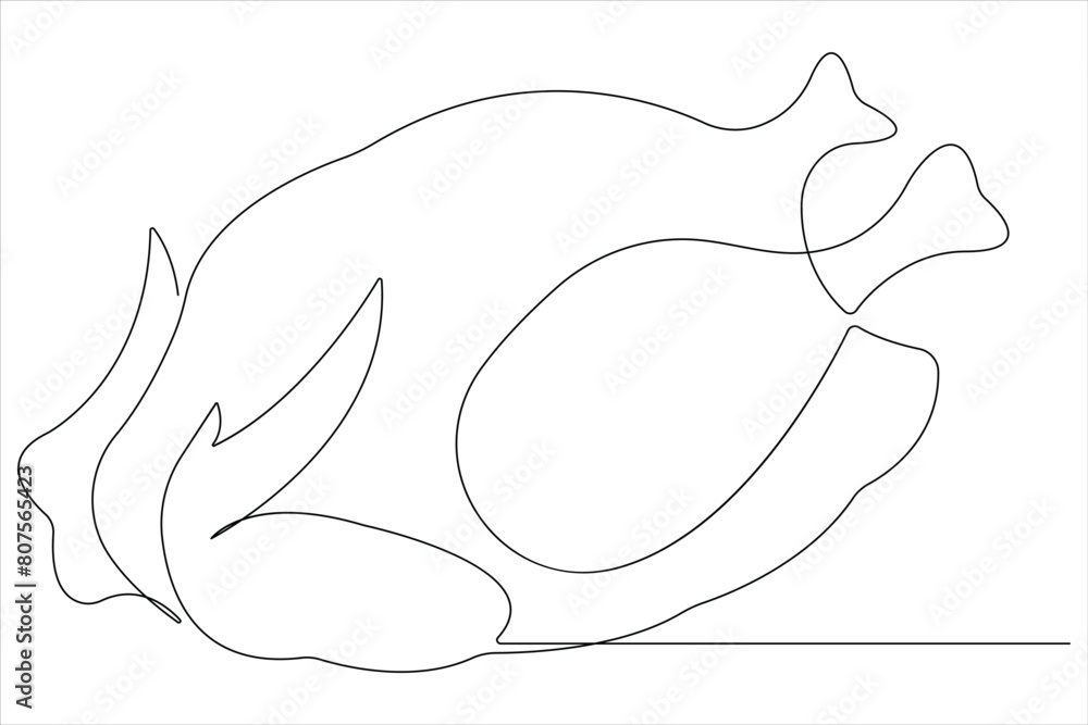 Whole chicken turkey meat continuous one line art drawing of vector Whole chicken turkey meat continuous one line art drawing of vector