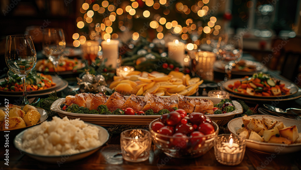 A beautifully set table with elegant dinnerware, glowing candles and twinkling lights in the background creating an atmosphere of celebration for Christmas or other festive events. Created with Ai