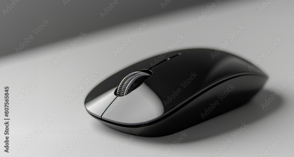 A Sleek Black Wireless Mouse Featured On A Monochrome Background, ontemporary Design And Ergonomic Shape A Sleek Black Wireless Mouse Featured On A Monochrome Background, ontemporary Design And Ergonomic Shape
